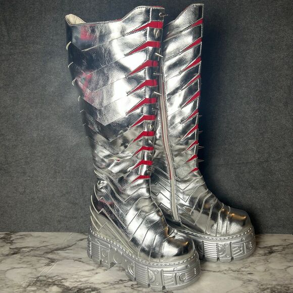 Nwot dolls kill silver platform kneehigh spike boots red women size 7 bubba fett - Picture 1 of 7